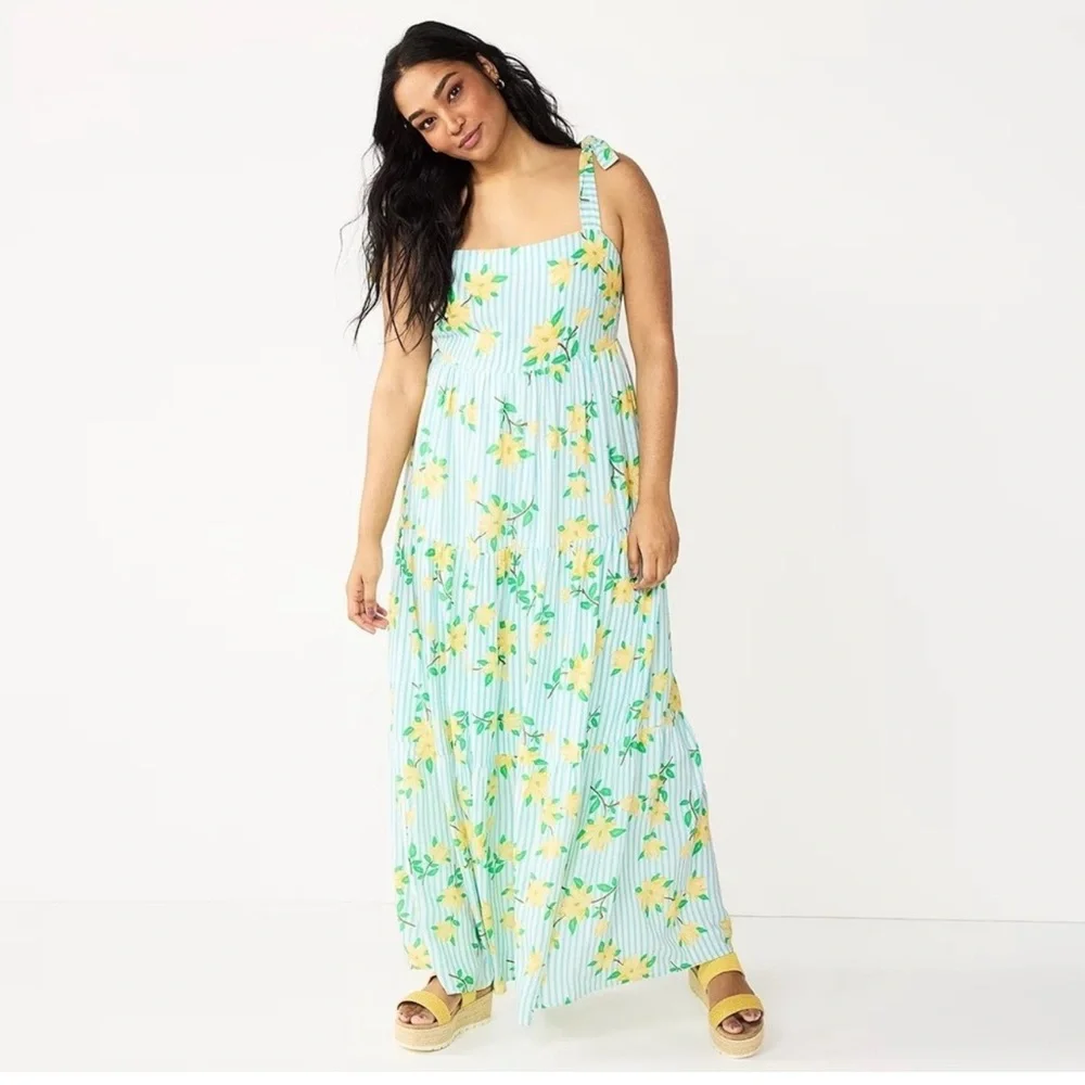 Draper James RSVP White Stripe Floral Maxi Dress Linen Blend Size XXL
